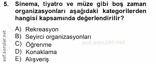 5. soru: Sinema, tiyatro ve müze gibi boş zaman organizasyonları aşağıdaki kategorilerden hangisi kapsamında değerlendirilir?…