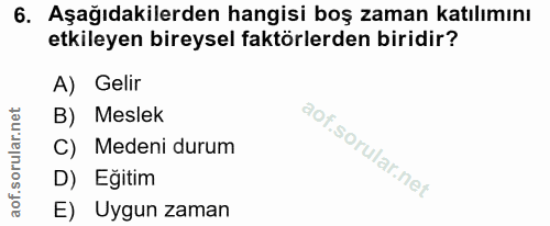 6. soru: Aşağıdakilerden hangisi boş zaman katılımını etkileyen bireysel faktörlerden biridir? A) Gelir B) Meslek C) Medeni du…