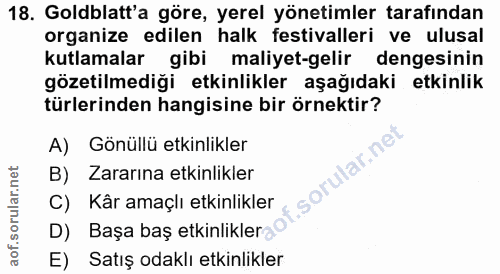 18. soru: Goldblatt'a göre, yerel yönetimler tarafından organize edilen halk festivalleri ve ulusal kutlamalar gibi maliyet-gel…