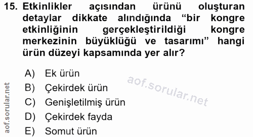 15. soru: Etkinlikler açısından ürünü oluşturan detaylar dikkate alındığında "bir kongre etkinliğinin gerçekleştirildiği kongre…