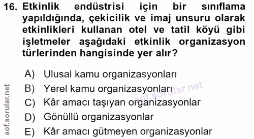 16. soru: Etkinlik endüstrisi için bir sınıflama yapıldığında, çekicilik ve imaj unsuru olarak etkinlikleri kullanan otel ve ta…