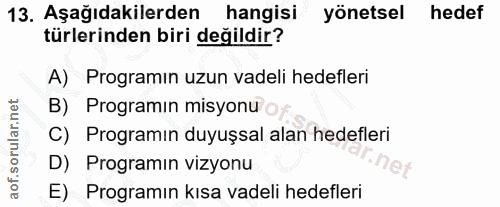 13. soru: Aşağıdakilerden hangisi yönetsel hedef türlerinden biri değildir? A) Programın uzun vadeli hedefleri B) Programın mis…