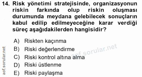 14. soru: Risk yönetimi stratejisinde, organizasyonun riskin farkinda olup riskin oluşması durumunda meydana gelebilecek sonuçl…