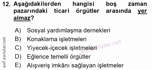 12. soru: Aşağıdakilerden hangisi boş zaman pazarındaki ticari örgütler arasında yer almaz? A) Sosyal yardımlaşma dernekleri B)…