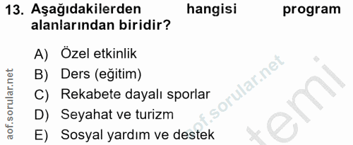 13. soru: Aşağıdakilerden hangisi program alanlarından biridir? A) Özel etkinlik B) Ders (eğitim) rular.net C) Rekabete dayalı…