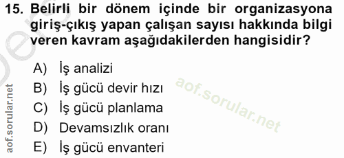 15. soru: Belirli bir dönem içinde bir organizasyona giriş-çıkış yapan çalışan sayısı hakkında bilgi veren kavram aşağıdakilerd…