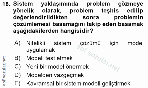 18. soru: Sistem yaklaşımında problem çözmeye yönelik olarak, problem teşhis edilip değerlendirildikten sonra problemin çözümle…