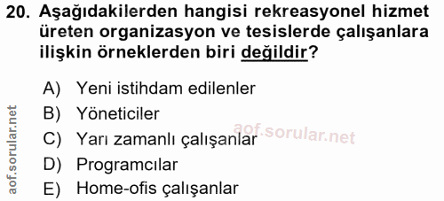 20. soru: Aşağıdakilerden hangisi rekreasyonel hizmet üreten organizasyon ve tesislerde çalışanlara ilişkin örneklerden biri de…