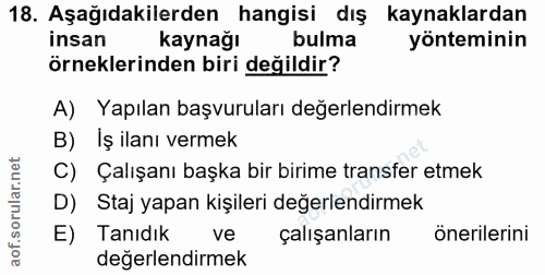 18. soru: Aşağıdakilerden hangisi dış kaynaklardan insan kaynağı bulma yönteminin örneklerinden biri değildir? A) Yapılan başvu…