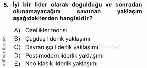 5. soru: İyi bir lider olarak doğulduğu ve sonradan olunamayacağını savunan yaklaşım aşağıdakilerden hangisidir? A) Özellikler…