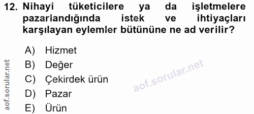 12. soru: Nihayi tüketicilere ya da işletmelere pazarlandığında istek ve ihtiyaçları karşılayan eylemler bütününe ne ad verilir…