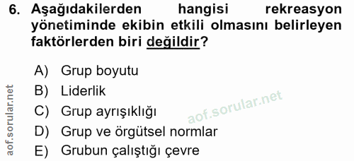 6. soru: Aşağıdakilerden hangisi rekreasyon yönetiminde ekibin etkili olmasını belirleyen faktörlerden biri değildir? A) Grup…