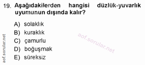 19. soru: Aşağıdakilerden hangisi düzlük-yuvarlık uyumunun dışında kalır? A) solaklık B) kuraklık C) çamurlu D) boğuşmak E) sür…