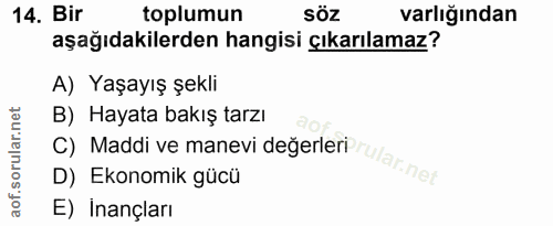 14. soru: Bir toplumun SÖz varlığından aşağıdakilerden hangisi çıkarılamaz? A) Yaşayış şekli B) Hayata bakış tarzı C) Maddi ve…