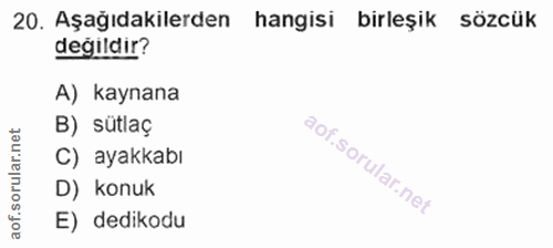 20. soru: Aşağıdakilerden hangisi birleşik sözcük degildir? A) kaynana rular.net B) sütlaç C) ayakkabı D) konuk of. E) dedikodu