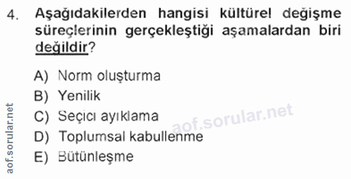 4. soru: Aşağıdakilerden hangisi kültürel değişme süreçlerinin gerçekleştiği aşamalardan biri değildir? A) Norm oluşturma B) Y…