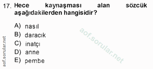 17. soru: Hece kaynaşması alan sözcük aşağıdakilerden hangisidir? A) nasıl B) daracık rular.net C) inatçı D) anne lof.s E) pembe