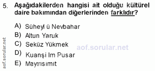 5. soru: Aşağıdakilerden hangisi ait olduğu kültürel daire bakımından diğerlerinden farklıdır? A) Süheyl ü Nevbahar B) Altun Y…