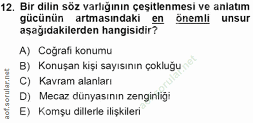 12. soru: Bir dilin söz varlığının çeşitlenmesi ve anlatım gücünün artmasındaki en önemli unsur aşağıdakilerden hangisidir? A)…