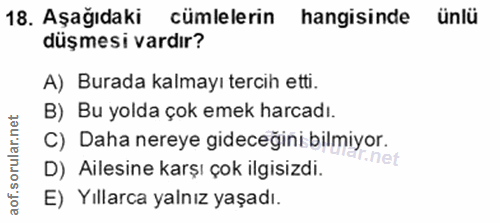 18. soru: Aşağıdaki cümlelerin hangisinde ünlü düşmesi vardır? A) Burada kalmayı tercih etti. B) Bu yolda çok emek harcadı. C)…