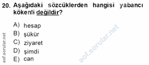 20. soru: Aşağıdaki sözcüklerden hangisi yabancı kökenli değildir? A) hesap B) şükür lar.n C) ziyaret D) şimdi aof. E) can