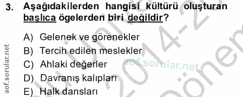 3. soru: Aşağıdakilerden hangisi kültürü oluşturan başlıca ögelerden biri değildir? A) Gelenek ve görenekler B) Tercih edilen…
