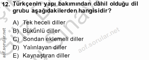 12. soru: Türkçenin yapı bakımından dâhil olduğu dil grubu aşağıdakilerden hangisidir? A) Tek heceli diller B) Bükünlü diller C…