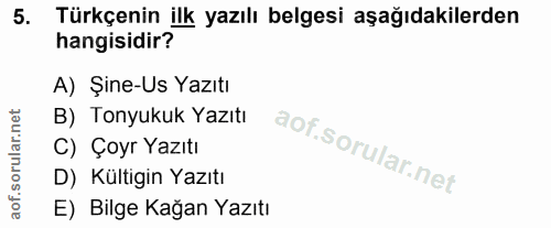 5. soru: Türkçenin ilk yazılı belgesi aşağıdakilerden hangisidir? A) Şine-Us Yazıtı B) Tonyukuk Yazıtı C) Çoyr Yazıtı D) Külti…