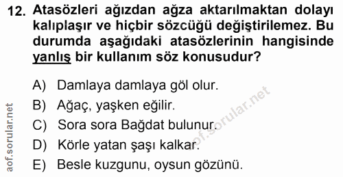 12. soru: Atasözleri ağızdan ağza aktarılmaktan dolayı kalıplaşır ve hiçbir sözcüğü değiştirilemez. Bu durumda aşağıdaki atasöz…