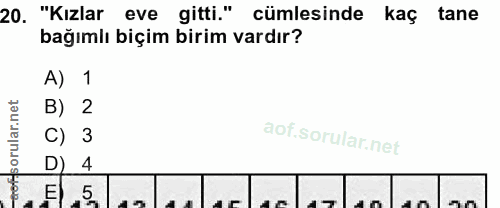 20. soru: "Kızlar eve gitti." cümlesinde kaç tane bağımlı biçim birim vardır? A) 1 B) 2 f C) 3 D 4