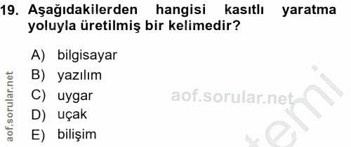 19. soru: Aşağıdakilerden hangisi kasıtlı yaratma yoluyla üretilmiş bir kelimedir? A) bilgisayar B) yazılım C) uygar D) uçak E)…