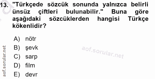 13. soru: "Türkçede sözcük sonunda yalnızca belirli ünsüz çiftleri bulunabilir." Buna göre aşağıdaki sözcüklerden hangisi Türkç…