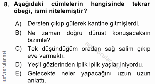 8. soru: Aşağıdaki cümlelerin hangisinde tekrar öbeği, ismi nitelemiştir? A) Dersten çıkıp gülerek kantine gitmişlerdi. B) Ne…