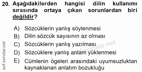 20. soru: Aşağıdakilerden hangisi dilin kullanımı sırasında ortaya çıkan sorunlardan biri değildir? A) Sözcüklerin yanlış söyle…