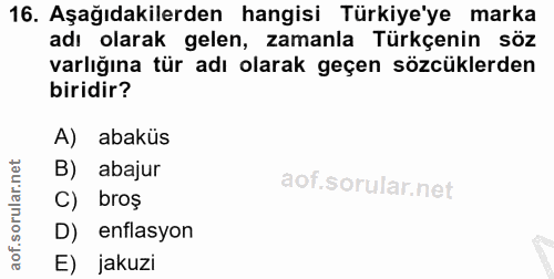 16. soru: Aşağıdakilerden hangisi Türkiye'ye marka adı olarak gelen, zamanla Türkçenin söz varlığına tür adı olarak geçen sözcü…