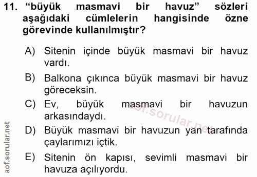11. soru: "büyük masmavi bir havuz" sözleri aşağıdaki cümlelerin hangisinde özne görevinde kullanılmıştır? A) Sitenin içinde bü…