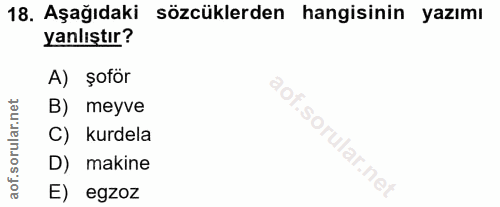 18. soru: Aşağıdaki sözcüklerden hangisinin yazımı yanlıştır? A) şoför B) meyve C) kurdela D) makine aof. E) egzoz