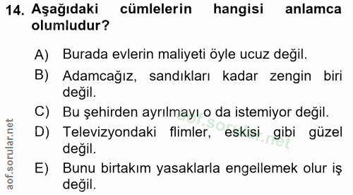14. soru: Aşağıdaki cümlelerin hangisi anlamca olumludur? A) Burada evlerin maliyeti öyle ucuz değil. B) Adamcağız, sandıkları…
