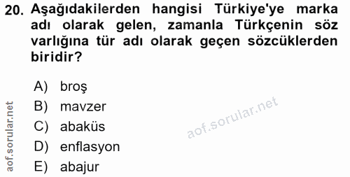 20. soru: Aşağıdakilerden hangisi Türkiye'ye marka adı olarak gelen, zamanla Türkçenin söz varlığına tür adı olarak geçen sözcü…