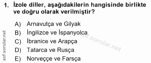 1. soru: İzole diller, aşağıdakilerin hangisinde birlikte ve doğru olarak verilmiştir? A) Arnavutça ve Gilyak B) Ingilizce ve…
