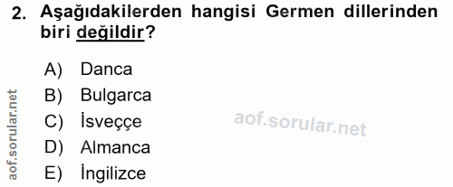 2. soru: Aşağıdakilerden hangisi Germen dillerinden biri değildir? A) Danca rular.net B) Bulgarca C) Isveççe D) Almanca aof. E…