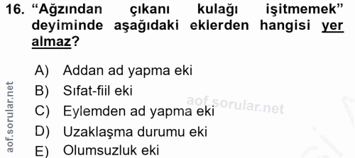 16. soru: "Ağzından çıkanı kulağı işitmemek" deyiminde aşağıdaki eklerden hangisi yer almaz? A) Addan ad yapma eki B) Sifat-fii…
