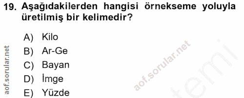 19. soru: Aşağıdakilerden hangisi örnekseme yoluyla üretilmiş bir kelimedir? A) Kilo B) Ar-Ge C) Bayan D) Imge E) Yüzde