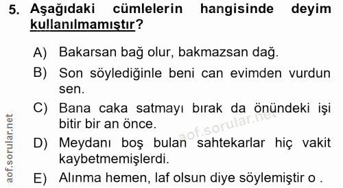 5. soru: Aşağıdaki cümlelerin hangisinde deyim kullanılmamıştır? A) Bakarsan bağ olur, bakmazsan dağ. B) Son söylediğinle beni…