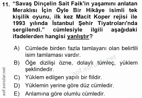 11. soru: "Savaş Dinçelin Sait Faik'in yaşamını anlatan Meraklısı İçin Öyle Bir Hikâye isimli tek kişilik oyunu, ilk kez Macit…