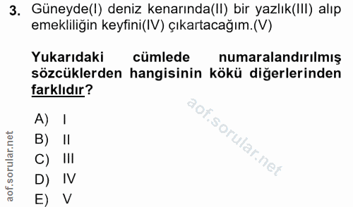 3. soru: Güneyde(l) deniz kenarında(I) bir yazlık(III) alıp emekliliğin keyfini(IV) çıkartacağım.(V) Yukarıdaki cümlede numara…