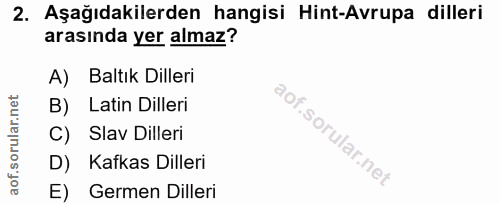 2. soru: Aşağıdakilerden hangisi Hint-Avrupa dilleri arasında yer almaz? A) Baltık Dilleri B) Latin Dilleri C) Slav Dilleri D)…