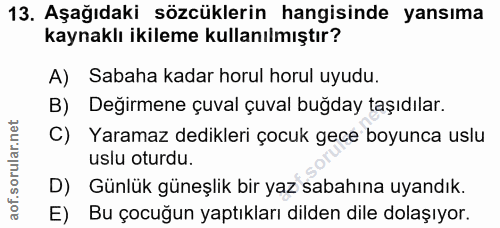 13. soru: Aşağıdaki sözcüklerin hangisinde yansıma kaynaklı ikileme kullanılmıştır? A) Sabaha kadar horul horul uyudu. B) Değir…