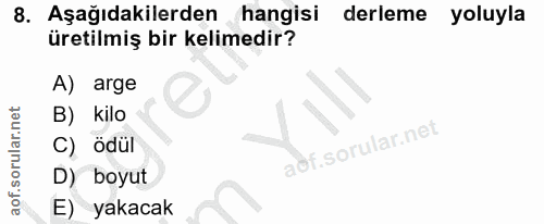 8. soru: Aşağıdakilerden hangisi derleme yoluyla üretilmiş bir kelimedir? A) arge B) kilo C) ödül D) boyut E) yakacak