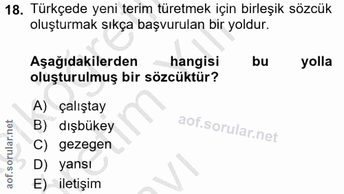 18. soru: Türkçede yeni terim türetmek için birleşik sözcük oluşturmak sıkça başvurulan bir yoldur. Aşağıdakilerden hangisi bu…
